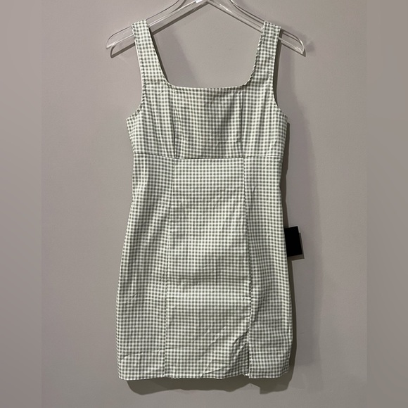 Lulus Happy Chance Sage Green Gingham Square Neck Mini Dress Size Small - Picture 3 of 10